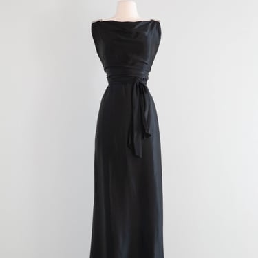 Exquisite 1930's Liquid Silk Satin Bias Cut Evening Gown With Rhinestone Dress Clips / Medium