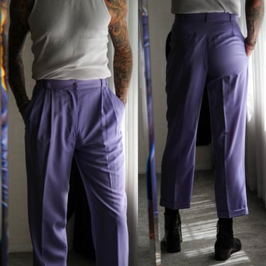 Vintage 90s GIANNI VERSACE Lilac Wool Gabardine Triple Pleated Cuffed Leg Pants | Made in Italy | 100% Wool | 1990s VERSACE Designer Pants 