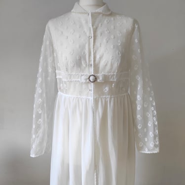 Vintage 1960s Nylon Robe with Laces, Babydoll White Dressing Gown 