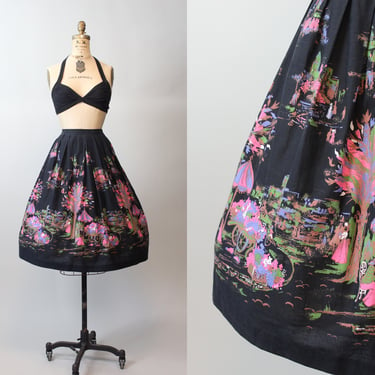 1950s CITY umbrella flower cart scene novelty print skirt small | new spring 