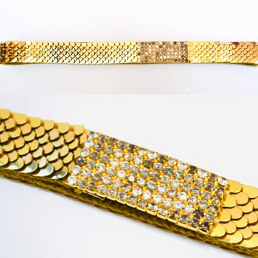 70s 80s Vintage Gold Stretch Belt Metal Bow Rhinestone Diamond 70s Disco Stretch Metallic Gold Wedding Belt Small Medium 24-37" 