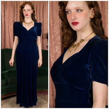 1930s Dress - Lush 30s Blue Velvet Evening Gown with Peaked Sleeves and Surplice Bodice 