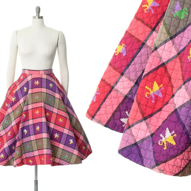Vintage 1950s Circle Skirt | 50s Quilted Plaid Novelty Print Cotton Pink Purple High Waisted Fall Winter Swing Skirt (medium) 