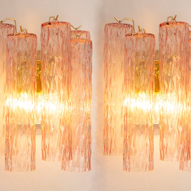 Set of 2 Wall sconces with Murano glass pink color Made in Italy, vintage style wall lamp with cylinders 