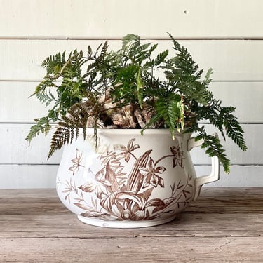 Brown and White Ironstone Planter Emery Orchid Orslem England Chamber Pot English China Stoneware Transferware Floral Flowers Bowl Handle 
