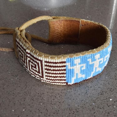 Signed Hand Made Native American Indian Bracelet Beaded Glass Beads Blue Leather Suede Stormie 