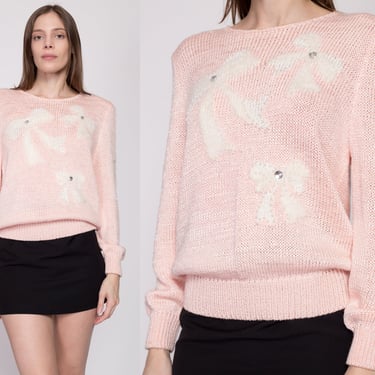 Med-Lrg 80s Pink Pastel Angora Bow Sweater | Vintage Knit Pearl Beaded Long Sleeve Pullover 
