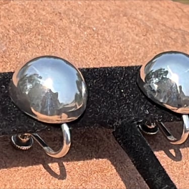 Vintage Sterling Silver Shiny Half Globe Screw Back Earrings 
