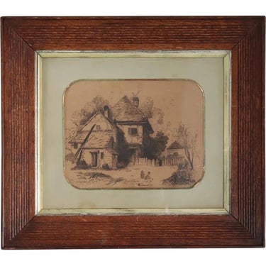 Dated 1896 Antique Signed Small English Victorian Sepia Engraving / Etching on Paper, Children at Country Cottage Matted and Framed Art 