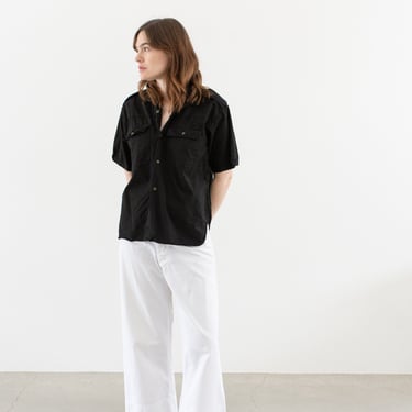 Vintage Black Short Sleeve Shirt | Overdye Unisex Flap Pocket Epaulette Simple Cotton Work Blouse | XS S M | 