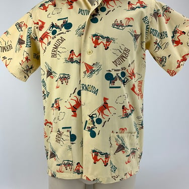 Vintage 1940'S Cabana Shirt - CAMPUS HOLLYWOOD STYLED - Bermuda Novelty Print - All Heavy Cotton - Men's Size Medium 