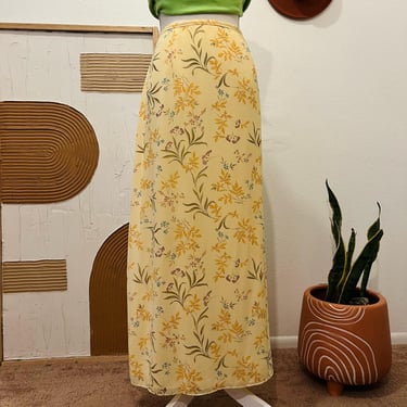 Vintage 90s Joan Leslie Yellow Floral Flowy Cottage Maxi Skirt Fall Summer Large 