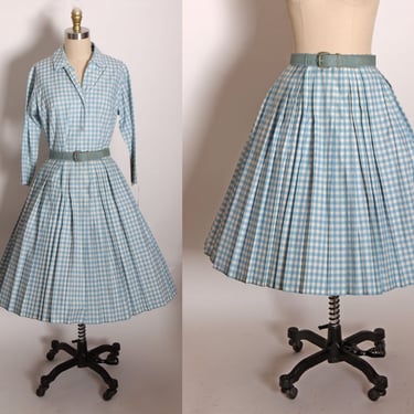1950s Blue and White Gingham 3/4 Length Sleeve Button Up Blouse with Matching Fit and Flare Pleated Skirt Two Piece Outfit by Majestic -S 
