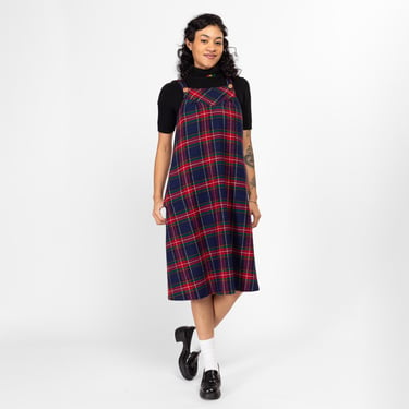 Medium 70s Navy Blue & Red Plaid Pinafore Dress | Retro Vintage Wool Knit Tartan Midi Pocket Dress 