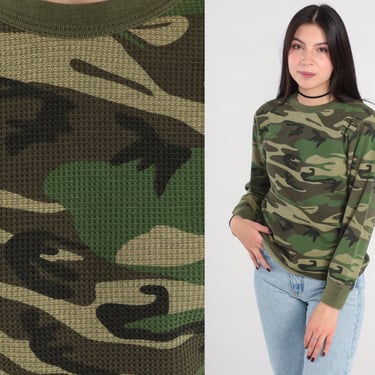 Army TShirt Camouflage Shirt 90s Camo Green THERMAL Military T Shirt Long Sleeve Waffle Knit Grunge 1990s Retro Tee Vintage Small S 