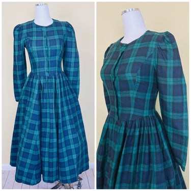 1980s Vintage Laura Ashley Cotton Plaid Prairie Dress / 80s Green and Navy Fit and Flare Western Dress / Small 