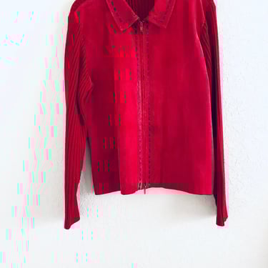 80s Vintage Rare CB Casuals Red Leather Suede Sweater Jacket Collared Size XL 