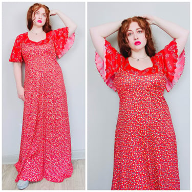 1970s Vintage Red Polyester Floral Flutter Sleeve Gown / 70s Knit Ruffled Calico Maxi Prairie Dress / Size XL - XXL 