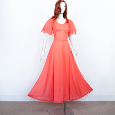 Vintage 70s Orange Maxi Long Boho Dress Fit & Flare Butterfly Sleeves Size S UK 10 