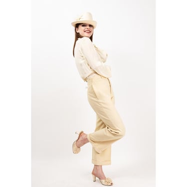 1930s 1940s bone white wool trousers / Vintage medium rise button fly pants Unisex S M 
