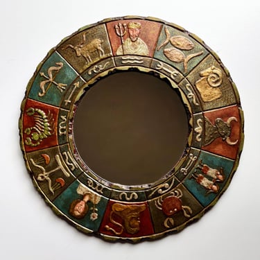 Incredible Vintage Zodiac Mirror, Hand Painted Artist Made MCM Modernist Unusual 