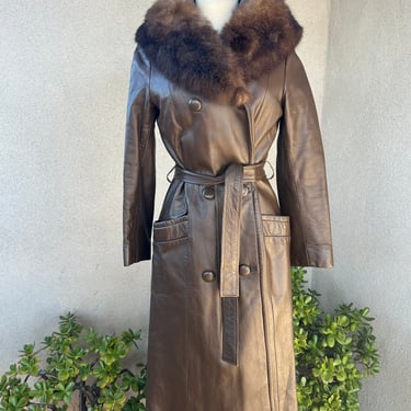 Vintage brown leather coat with faux fur Trim hood Sz Xs/S 