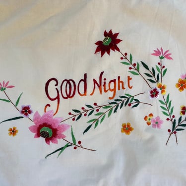 Antique Goodnight Pillow Cover, Hand Stitched Embroidered Floral Design, Small Pillow, Bedroom Decor, Sleep, Pink Red, Orange And Green 