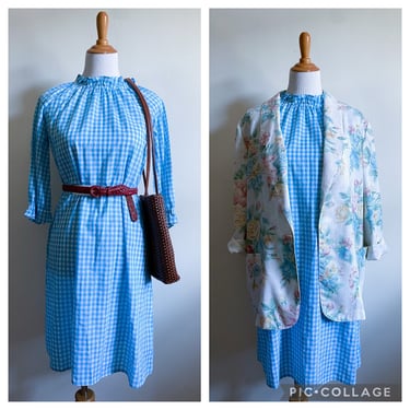 Vintage 70s Handmade Blue Gingham Smock Dress XS 