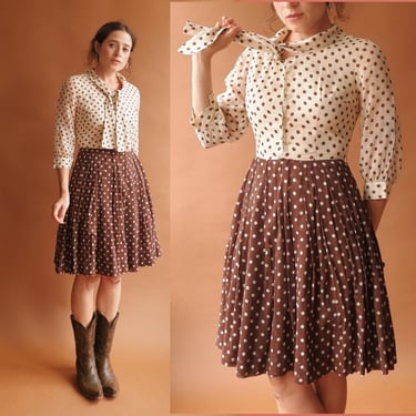 Vintage 70s Brown and Ivory Polka Dot Mini Dress/ 1970s Cotton Voile Pleated Dress/ Size XS 