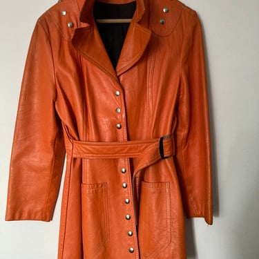 1960s Orange Leather Belted Coat 