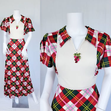 1970's Red Green Strawberry Flutter Sleeve Plaid Maxi Dress I Sz Med 