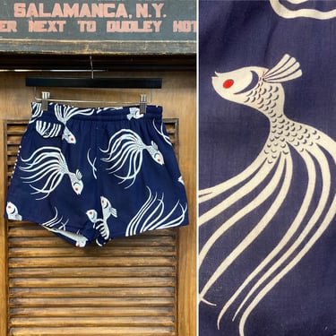 Vintage 1940’s Original “Catalina” Fish Rayon Hawaiian Swim Trunks Shorts, 40’s Vintage Clothing 