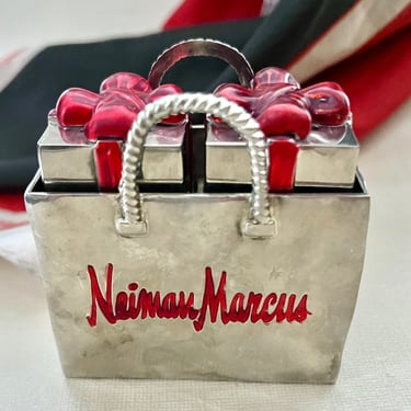 Salt and Pepper Shakers, Neiman Marcus Shopping Bag, Gifts, Silver Plate, Red Bows Enamel, Home Kitchen Dining 