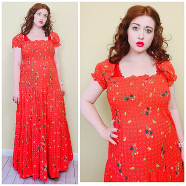 1970s Vintage Red Tulip Maxi Dress / 70s / Seventies Smocked Elastic Flower Power Tiered Gown / Size Medium - Large 
