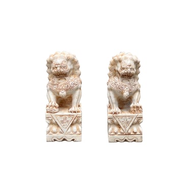 Chinese Small Pair Cream White Marble Stone Fengshui Foo Dogs Statues ws3068E 