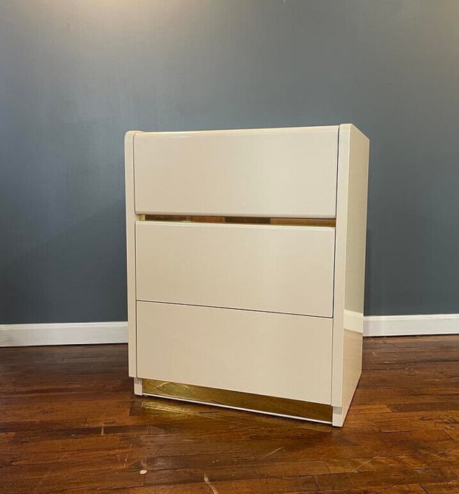 Post Modern White Lacquered Brass Accented Nightstand by Lane MCM MID CENTURY