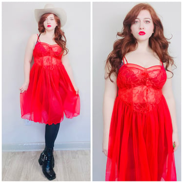 1980s Vintage Vandemere Red Nylon Slip Dress / 80s / Eighties Sheer Lace Wrap Skirt Nightgown / Size Small - Medium 