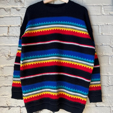 L XL, 1990s Striped Colorful Sweater, Chunky Knit, Rainbow 