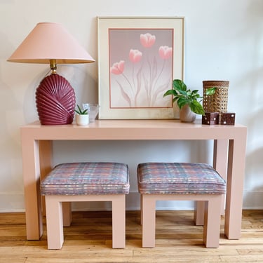 Pink Parsons Style Sofa Table and Upholstered Stools