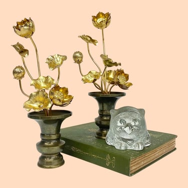 Vintage Japanese Altar Lotus Flower Ornaments Retro 1960s Mid Century Modern + Buddhist + Gold Metal + Set of 2 + Religious/Spiritual Decor 