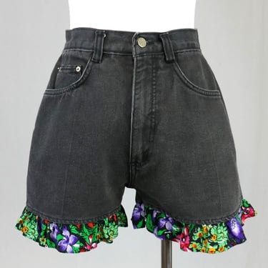 80s 90s Gitano Jean Shorts - 25" or snug 26" waist - Faded Black Cotton Denim, Floral Ruffle Trim - Vintage 1980s 1990s XS S 