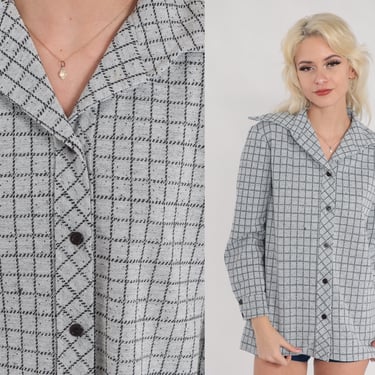 70s Checkered Top Grey Button up Blouse Wing Collar Long Sleeve Shirt Black Check Print Preppy Collared Disco Vintage 1970s Medium Large 
