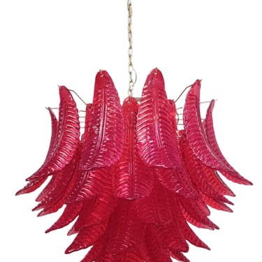 Chandelier with Red Murano Glass Leaves on 24k Gold Finish Frame. Italy, 1960's.