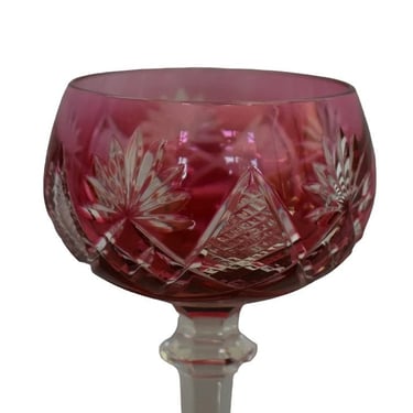Val Saint Lambert Hock Wine Glass Cut to Clear Crystal Roemer Ruby Red Signed 
