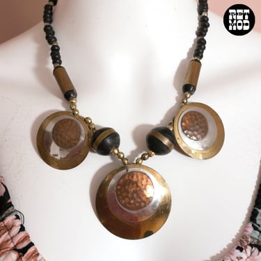 Boho Vintage 70s 80s Black & Brass Metal Statement Necklace 