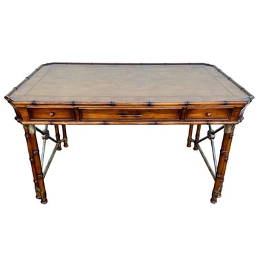 Faux Bamboo Desk by Hooker Furniture - Chinoiserie Burl Wood & Iron Writing Table Hollywood Regency Coastal Office Furniture 