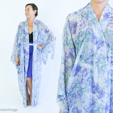 Measure...1970s Sheer Blue Kimono Duster | 70s Blue Floral Robe | Flowered Robe | Medium 