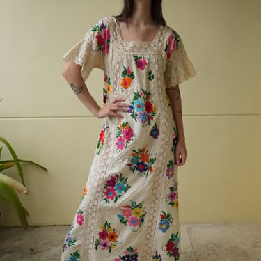 70's Maxi Dress / Mexican Embroidered Garden Party Dress with Crochet / Cream Cotton Dress / Festival Dress / Haute Hippie 