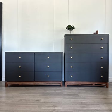 Modern Refinished Two toned Black dresser set with mirror / bedroom set Kent Coffey 