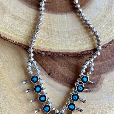 MINI ME Petite Squash Blossom | Navajo Silver Bench Beads & Turquoise Naja Necklace | Native American Indian Jewelry | Childs / Adult Choker 